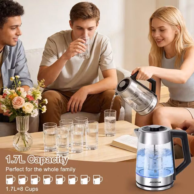 Aigostar Glass Electric Kettle with Ceramic Coating and Auto Shut-off, Silver