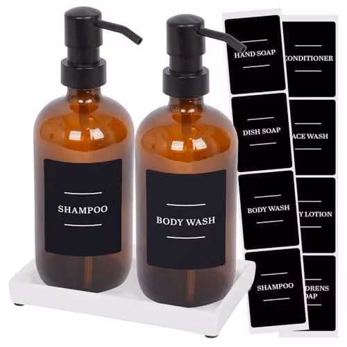 Harbour Housewares 2 Piece Glass Soap Dispenser Set with Ceramic Tray and Labels, 500ml, Amber, Black and Orange
