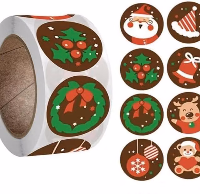 Syntego Roll of 500 Custom Christmas Paper Stickers, Brown