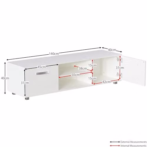 Vida Designs Cosmo 2 Door Modern Gloss Matte MDF TV Unit in White, W: 140 cm, D: 40 cm, H: 38 cm – 2