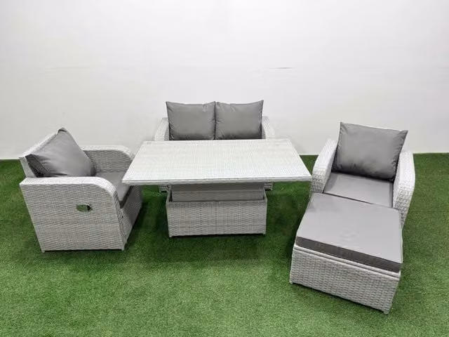 Fimous 5 Seater Light Grey PE Wicker Rattan Garden Furniture Set with Reclining Chairs, Footstool and Adjustable Table