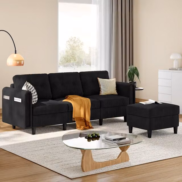 Yaheetech Reversible L-Shape 3-Seater Fabric Upholstered Corner Sofa with Matching Ottoman in Black