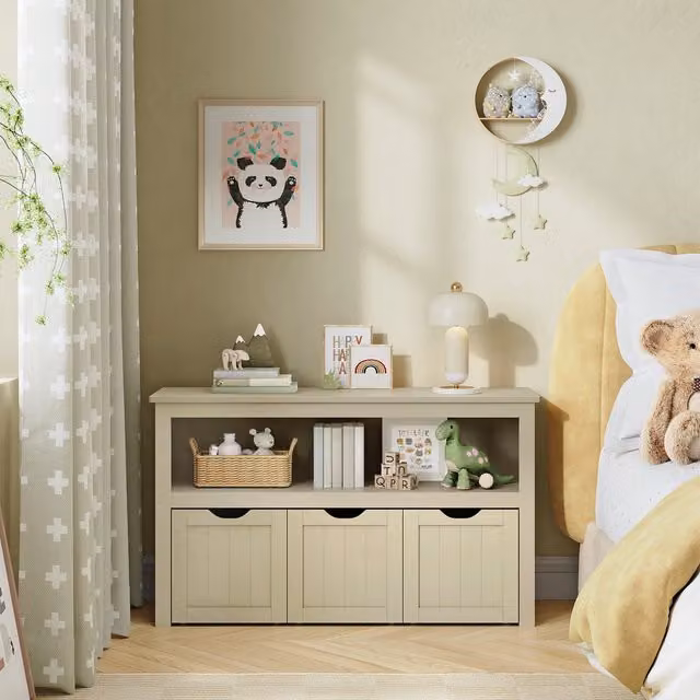 VASAGLE Kids Toy Storage Cabinet with Wheels in Sand Beige