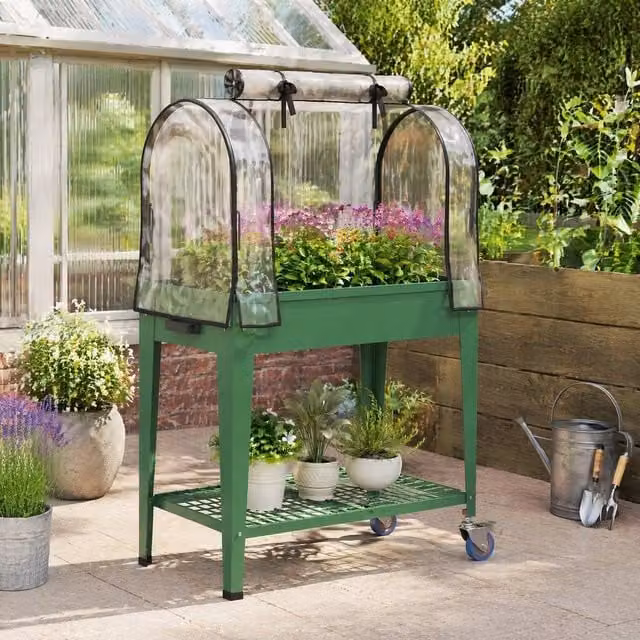 STILVORA Green Metal Raised Planter with Cover and Wheels, W/D/H: 120 x 40 x 40 cm