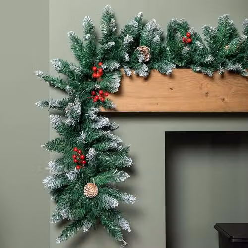 Samuel ALEXANDER 2.7m Snow Tipped Christmas Garland with Red Berries and Cones in Green and Red – 2