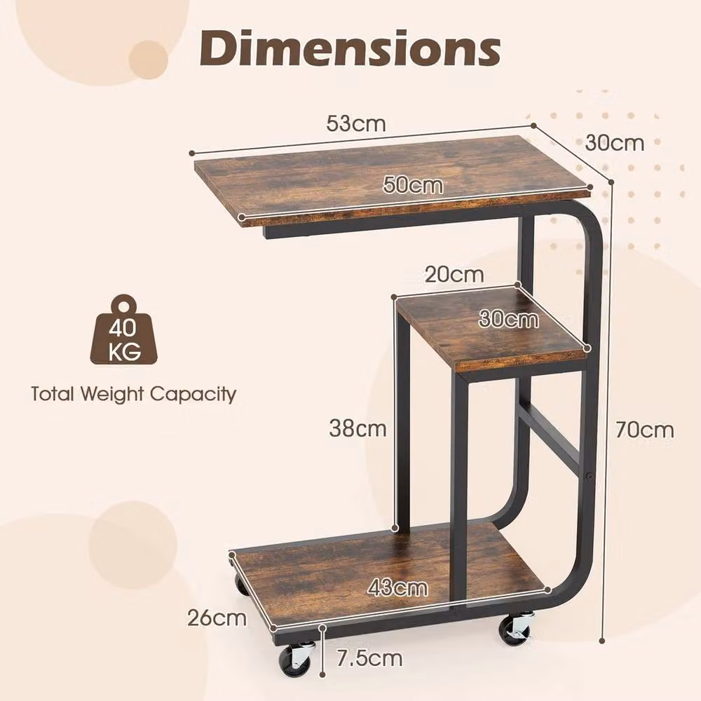 VOGREX 2-Pack Brown C-Shaped Metal Side Tables with Shelves and Castors – 3