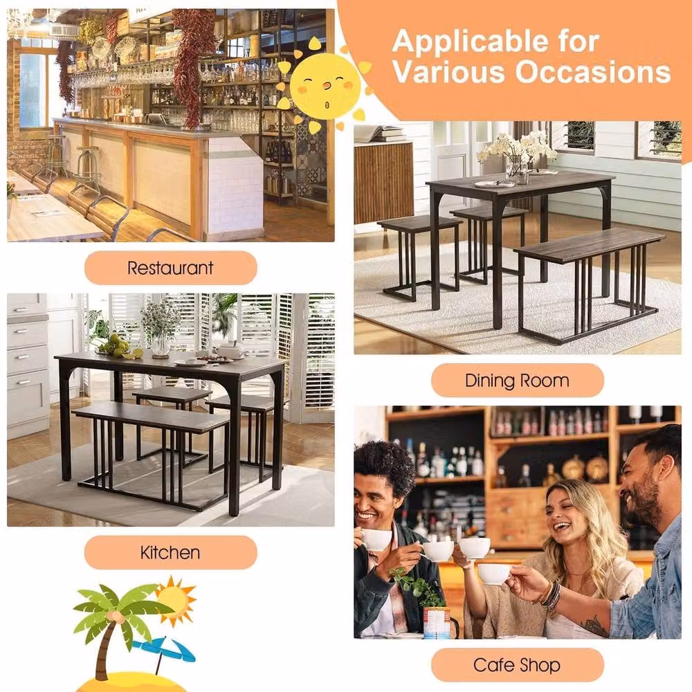 FORGEVIO Industrial Dining Set with Rectangular Wood Table, Bench and 2 Stools for 4 Persons in Grey and Black – 5