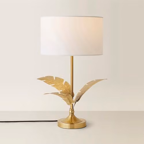 ValueLights Christina Single Stem Table Lamp with White Fabric Drum Shade and Gold Palm Leaf Detail – 1