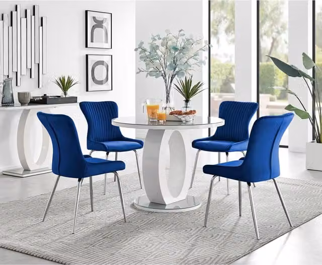 FurnitureboxUK Giovani Round Grey Glass Dining Table 100cm and 4 Nora Blue Chairs with Silver Legs