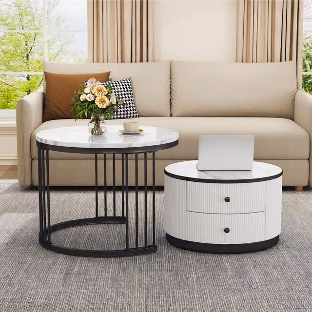 Aosom High Gloss Nesting Coffee Table Set with Marble Pattern Top and Storage Drawers, Modern Round Side Tables in White and Black – 1