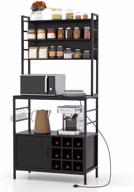 Gymax Black Metal Bakers Rack Bar Cabinet and Microwave Stand with Power Outlet