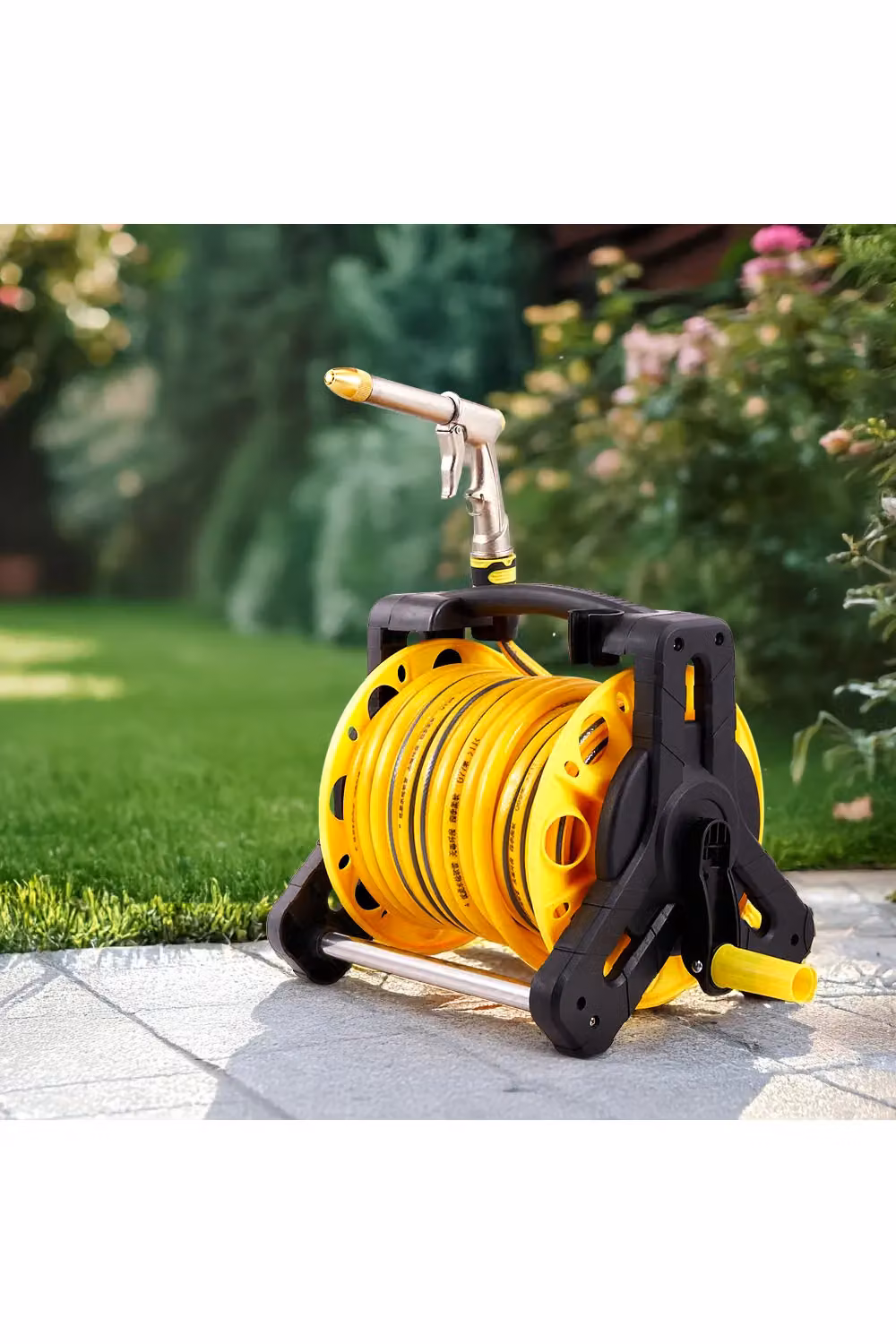 Garden Sanctuary Portable Outdoor Garden Watering Hose Reel Cart Set, 25m, Yellow – 2