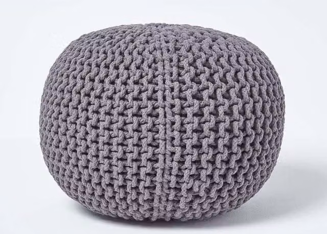 Homescapes Round Cotton Knitted Pouffe Footstool in Grey
