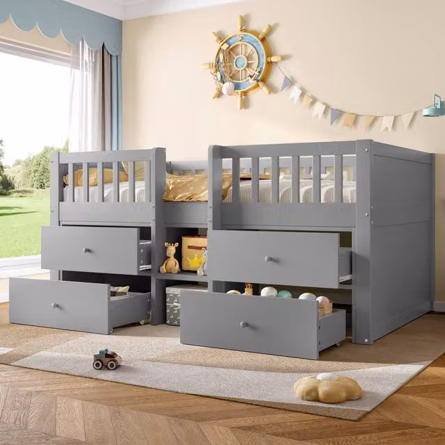 Matteo Low Loft Single Bed in Grey Solid Wood with Storage Drawers and Stairs