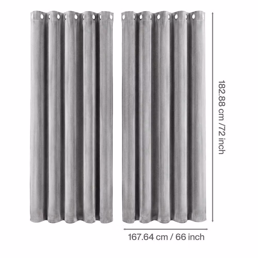 VOGREX Grey Velvet Thermal Blackout Eyelet Curtains W: 167.64 cm, H: 182.88 cm – 2