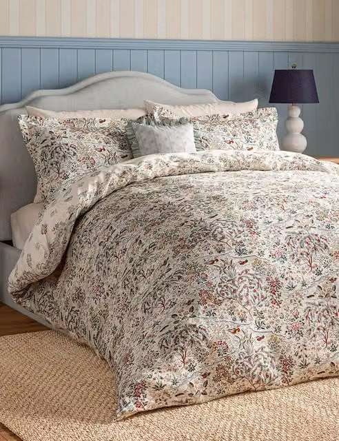 Sanderson Moat Birds Cotton Percale Bedding Set, Beige and Multicolour, W: 200 cm, H: 200 cm
