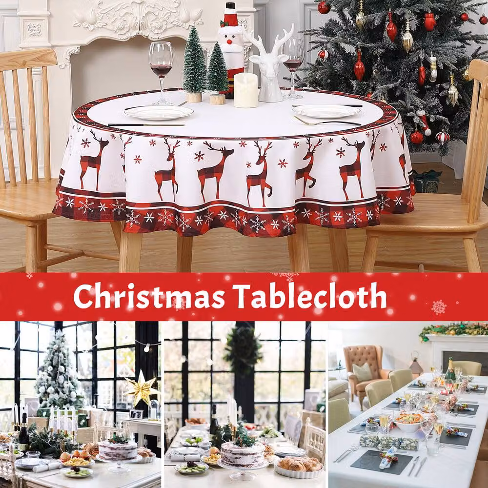 London Boutique Round Water-Resistant Polyester Christmas Tablecloth with Deer Design in White, Diameter: 152.4 cm – 5