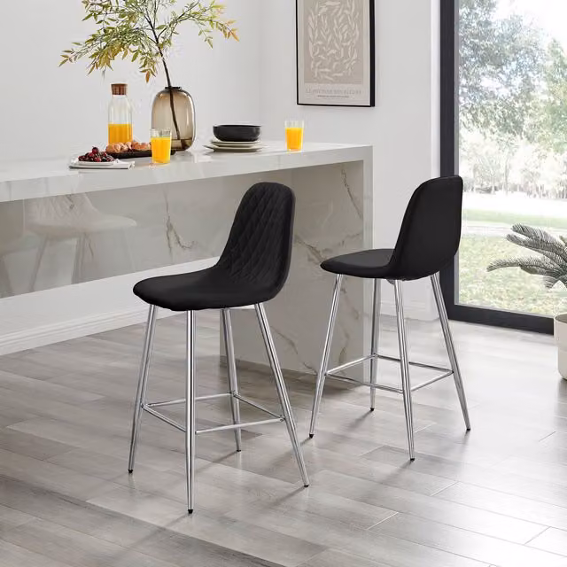 FurnitureboxUK Corona Black Faux Leather Upholstered Kitchen Breakfast Bar Chair with Silver Metal Legs