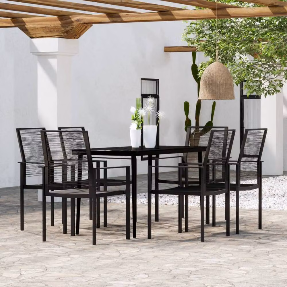 Berkfield Home 7 Piece Modern Garden Dining Set in Black Matt Rattan and Glass – 2