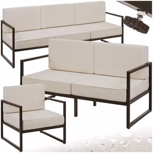 tectake Minimalist Garden Furniture Set with Powder Coated Steel Frames, Including 1 x 3-Seater Sofa, 1 x 2-Seater Sofa, 1 x Lounge Armchair and Upholstered Foam Cushions with Removable Covers – 1