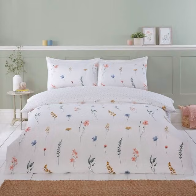 Rapport Home Pressed Flowers Microfibre Reversible Duvet Cover and Pillowcase Set, Blue, White and Multicolour, W/D/H: 135 x 200 cm