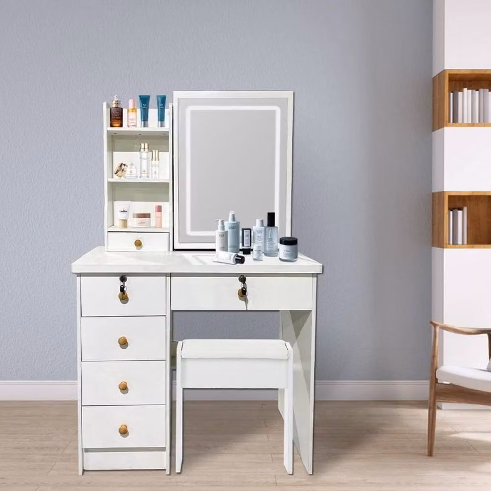 NESTLUNE Modern White Vanity Dressing Table Set with Hollywood LED Mirror, Drawers and Cushioned Stool – 2