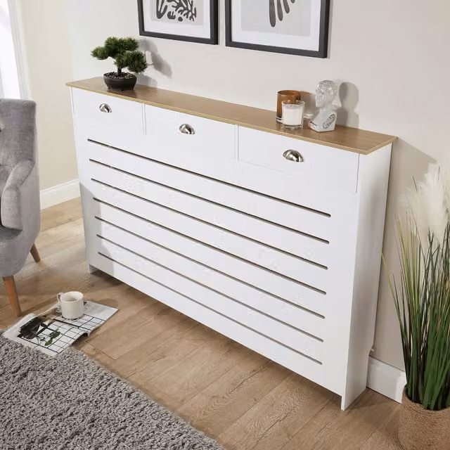Home Source Batley Radiator Cover with Storage Drawers in White and Oak Effect, W: 150 cm, H: 96 cm, D: 19 cm