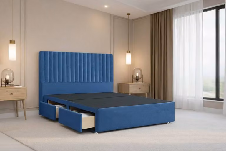 Nexus Mattresses Ltd Amalfi Plush Sprung Divan Set with 2 Drawers and 54 inch Headboard in Blue Velvet, W/D/H: 120 x 200 cm