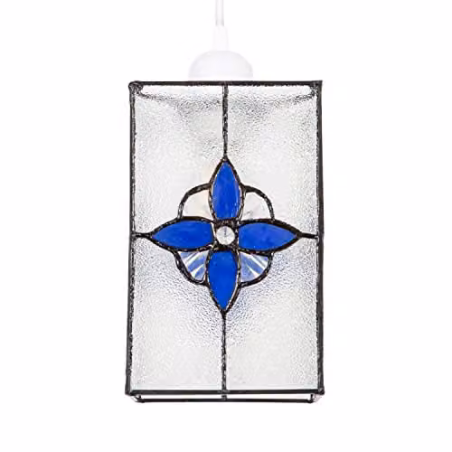 Happy Homewares Vintage Rectangular Tiffany Style Glass Pendant Light Shade in Transparent and Blue, Height: 21 cm