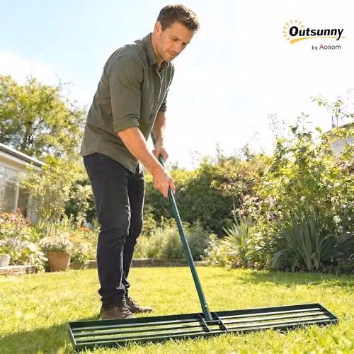 Outsunny Heavy Duty Lawn Levelling Rake in Green, W: 26 cm, H: 133 cm – 2