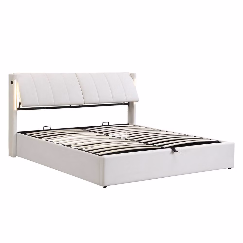 Rolipo Upholstered Double Bed in White with Lift Up Base, USB Charging Port and Under Bed Lighting, 140 x 200 cm – 4