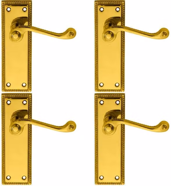 Loops 4 Pairs of Reeded Design Scroll Lever on Latch Backplate, Polished Brass, W: 150 mm x H: 48 mm