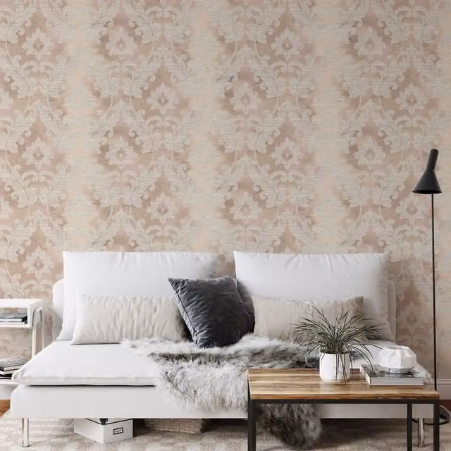 Wallquest Villa Rosa Damask Leaf Wallpaper in Beige and Yellow Floral Botanical Design