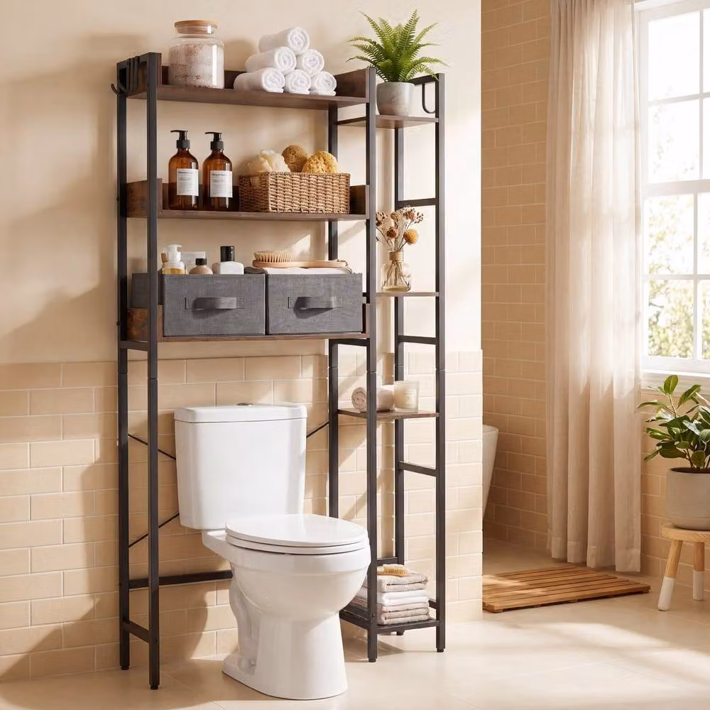 Costway 7 Tier Over the Toilet Storage Rack with 2 Drawers in Brown – 5