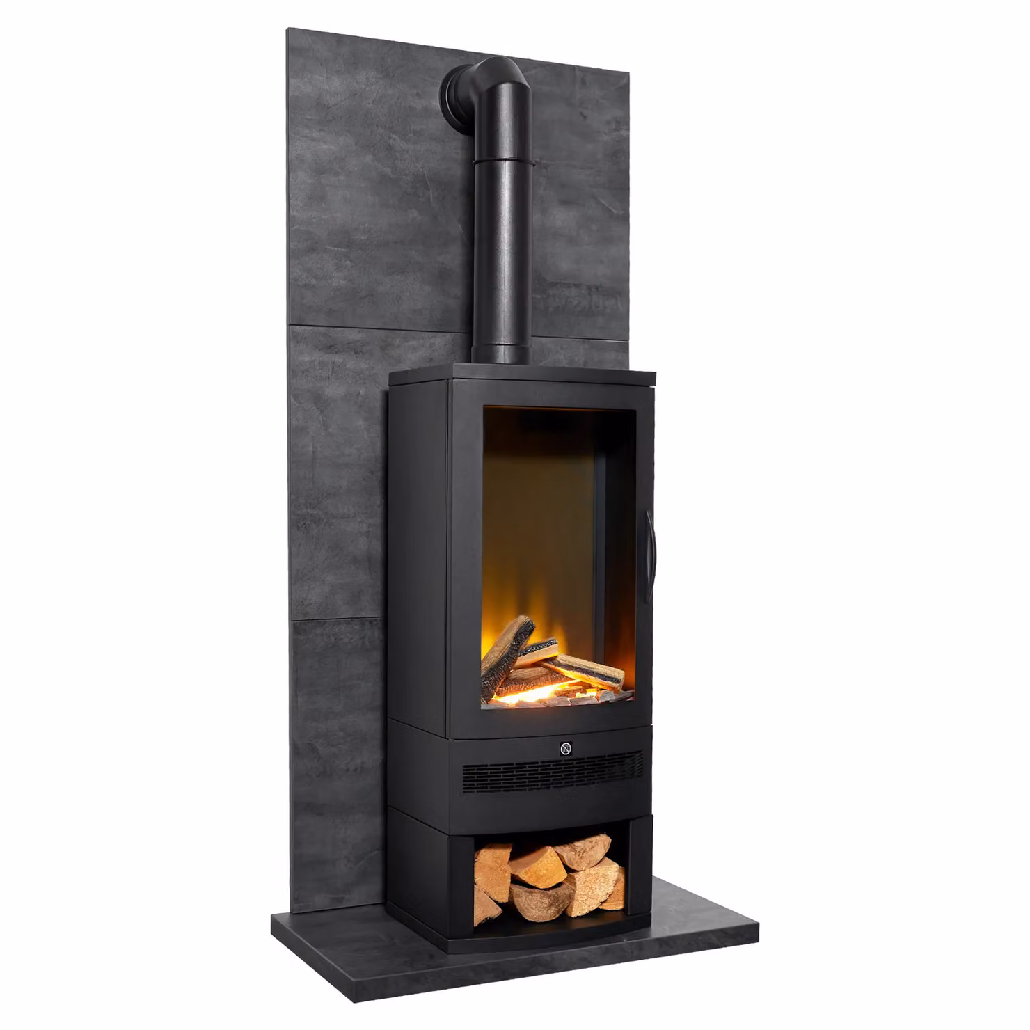 Acantha Tile and Hearth Set in Slate Effect with Horizon Stove and Log Storage in Black – 2