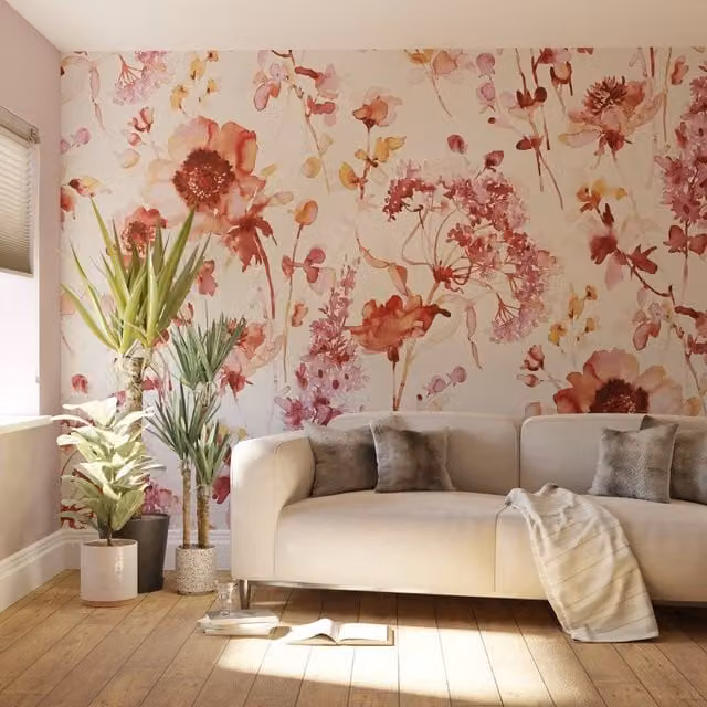 Superfresco Easy Watercolour Floral Pink and Blue Mural, W: 300 cm, H: 280 cm