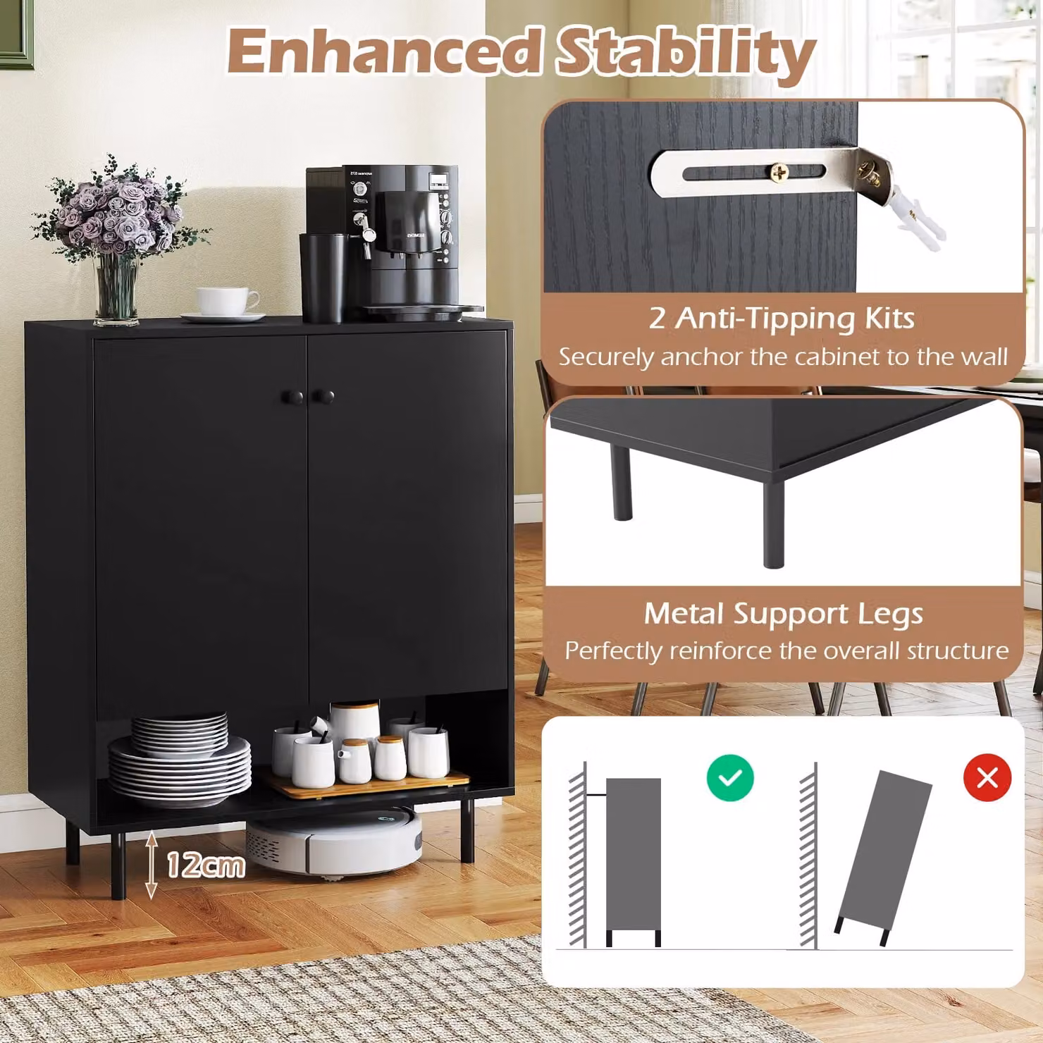Costway Modern 2-Door Sideboard Buffet Cabinet and Kitchen Storage Unit in Matt Black – 5