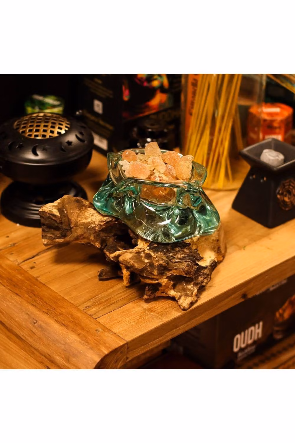 KDMD Molten Glass and Wood Ashtray Candle Holder in Turquoise, 23 cm – 3