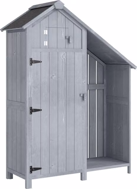 Outsunny Garden Outdoor Storage Shed with 3 Shelves and Firewood Rack, Grey/Black, W: 129 cm, D: 51.5 cm, H: 180 cm