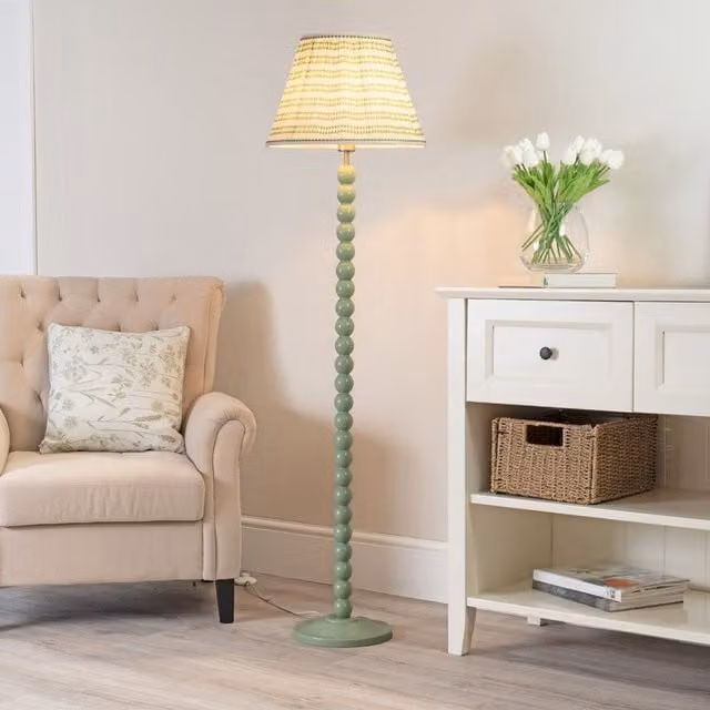 ValueLights Bobbins Sage Green Wood Floor Lamp with Pink Fabric Pleated Shade and LED Bulb
