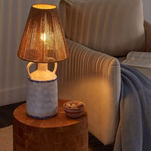Wyld and Coco Minimalist Table Lamp with White Ceramic Base and Beige Paper Shade – 1