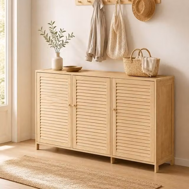 STILVORA Scandinavian Bamboo Shoe Cabinet in Beige with 3 Hinged Doors and Internal Shelves – 1