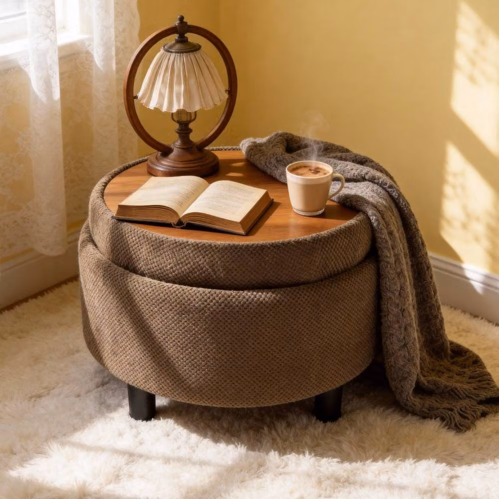 Rolipo Round Storage Ottoman and Coffee Table with Tray in Brown Nubby Fabric Upholstery – 5