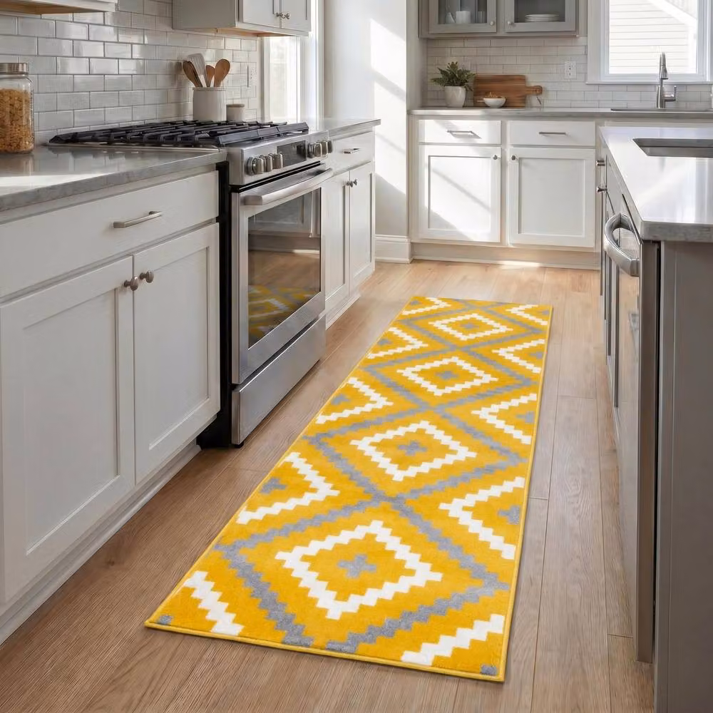 Bravich LTD Modern Geometric Tile Hallway Runner Rug, Non-Slip Low Pile in Yellow, W: 60 cm, L: 360 cm – 2
