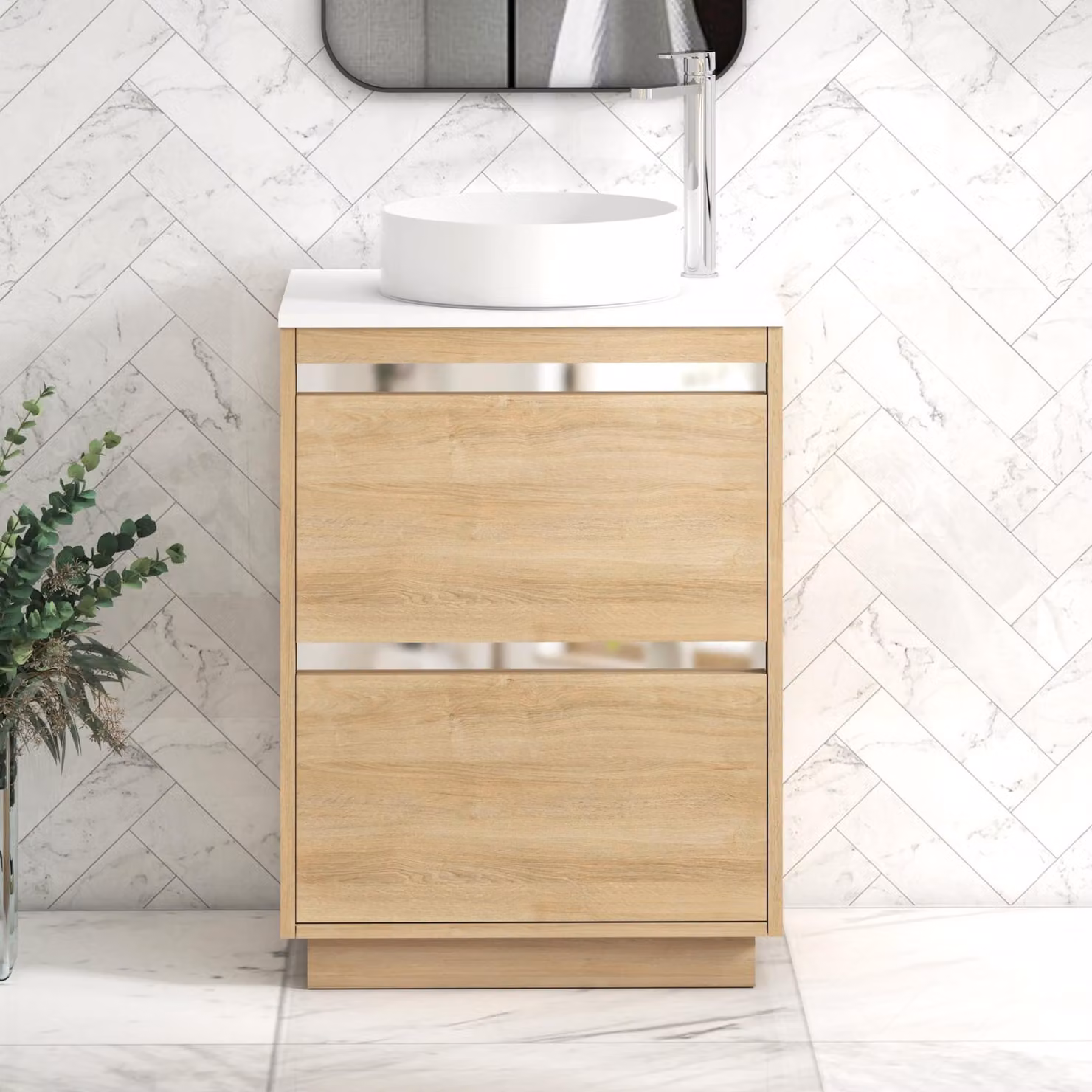 Royal Bathrooms Orion 600mm Natural Oak Floor Standing 2 Drawer Vanity Unit with White Countertop and Art Basin