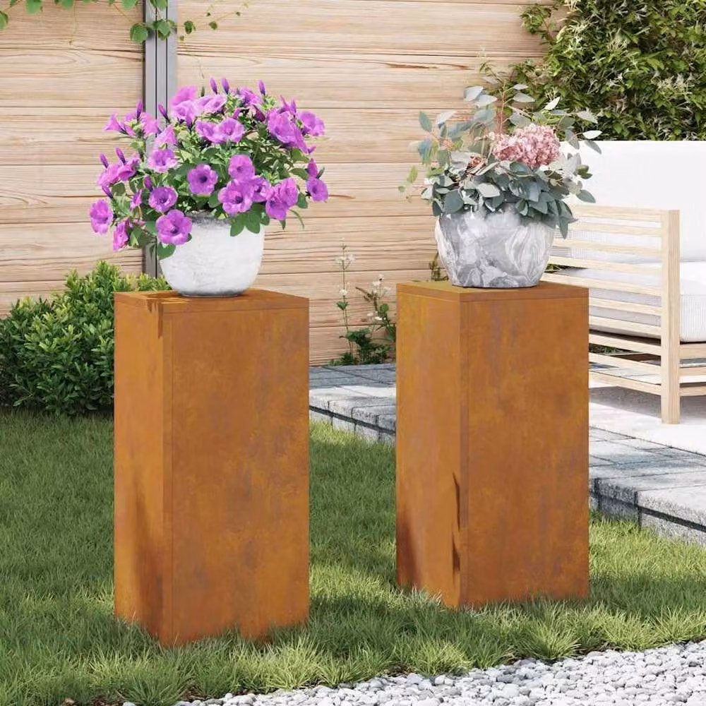 Berkfield Home Outdoor Pillar Planter Tub Set in Brown Weathering Steel, 2 pcs, W/D/H: 24 x 24 x 55 cm – 3