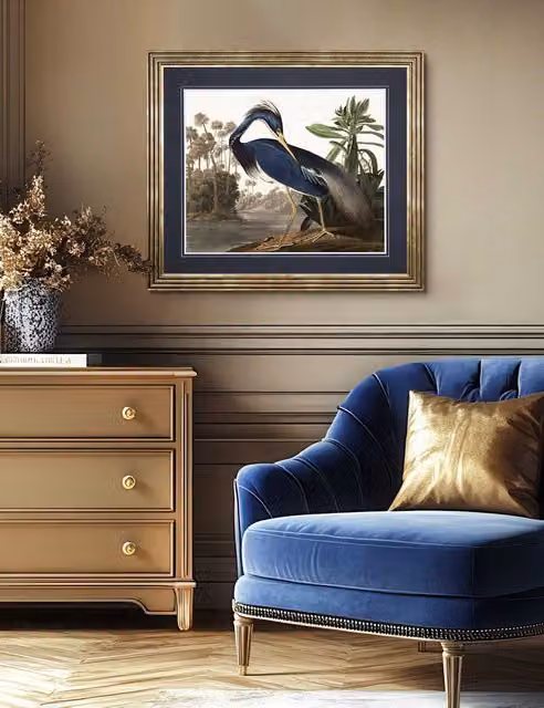 Gallery Direct Louisiana Heron Rectangular Framed Nature Illustration in Blue, Green, Gold and Multicolour