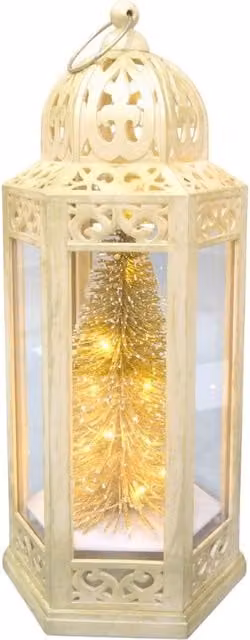 Shatchi Gold Battery Operated LED Christmas Lantern, Vintage Hexagonal Tabletop Design, Height: 30 cm