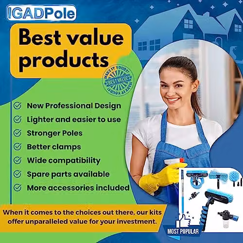 IGADPole Professional Telescopic Window Cleaning Kit in Blue with 2m Extension Pole and 25cm Single Pivot Squeegee – 5