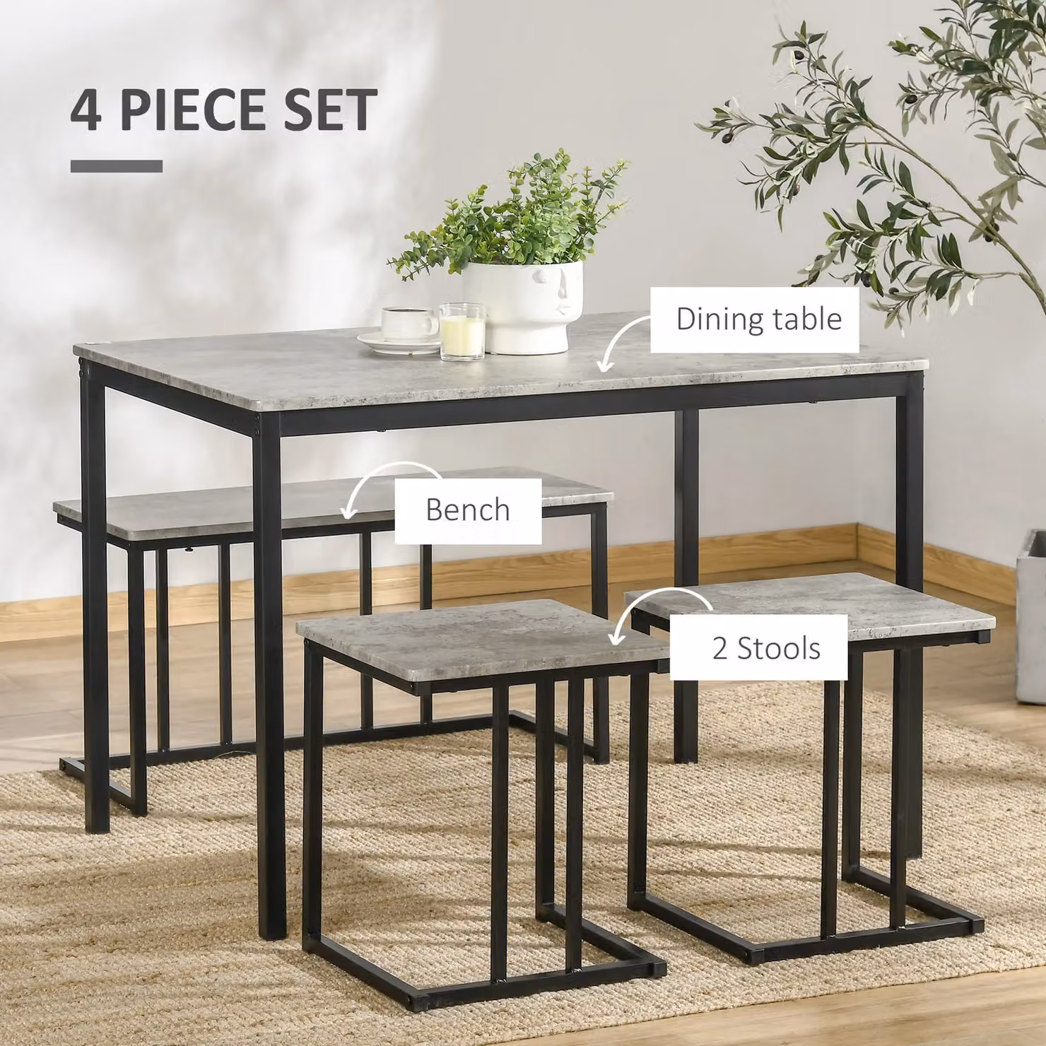 HOMCOM Modern Dining Table and Chairs Set with Bench for 4 People, Grey and Black Rectangular Kitchen Table Set with Metal and MDF Construction – 4